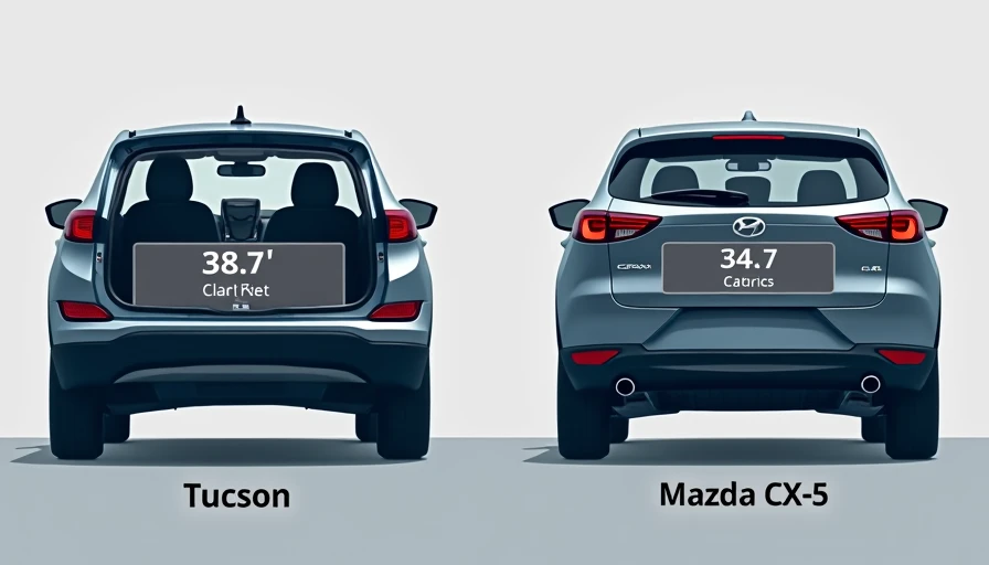 Hyundai Tucson vs Mazda CX-5 cargo space comparison — DriveByNumbers Hyundai Tucson and Mazda CX-5 cargo space comparison infographic showing 38.7 versus 34 cubic feet behind rear seats with stroller icon for real-world scale illustrating storage capacity difference for compact SUV family buyers
