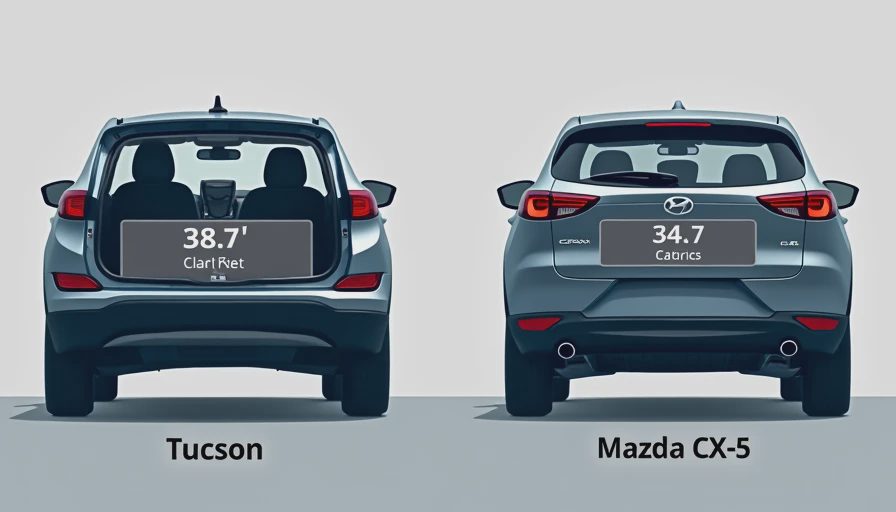 Hyundai Tucson vs Mazda CX-5 cargo space comparison — DriveByNumbers Hyundai Tucson and Mazda CX-5 cargo space comparison infographic showing 38.7 versus 34 cubic feet behind rear seats with stroller icon for real-world scale illustrating storage capacity difference for compact SUV family buyers