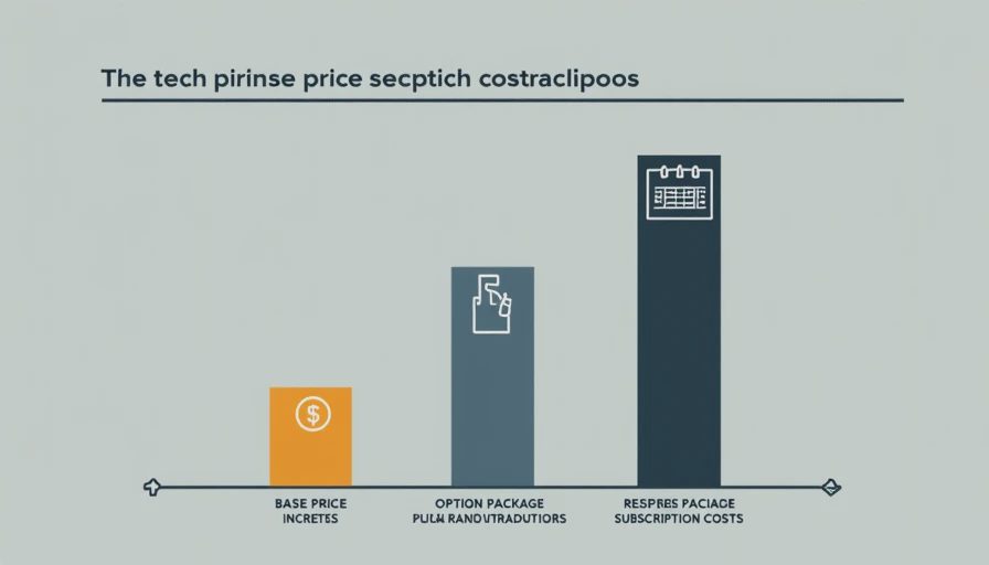 How safety technology costs reach the window sticker — DriveByNumbers Three vertical cost columns with price tag option package and subscription calendar icons showing progressive increase.