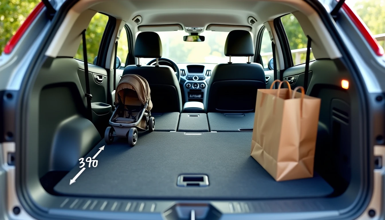 Compact SUV cargo space comparison with rear seats folded down showing stroller and grocery bags for scale with volume measurement overlay illustrating real-world storage practicality for family buyers