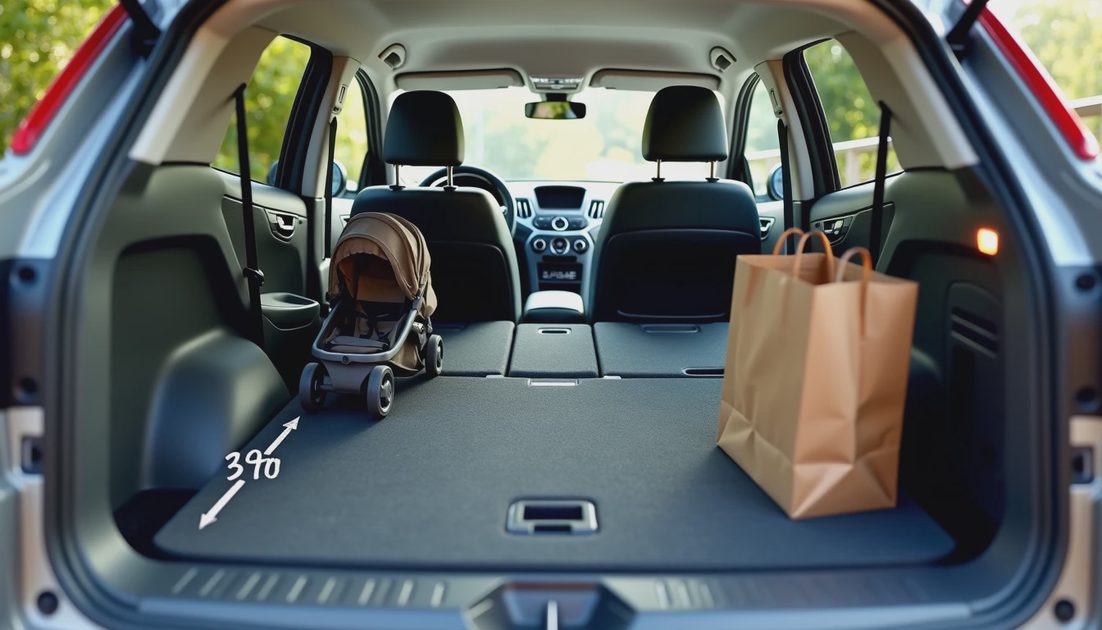 Compact SUV cargo space real-world comparison Compact SUV cargo space comparison with rear seats folded down showing stroller and grocery bags for scale with volume measurement overlay illustrating real-world storage practicality for family buyers