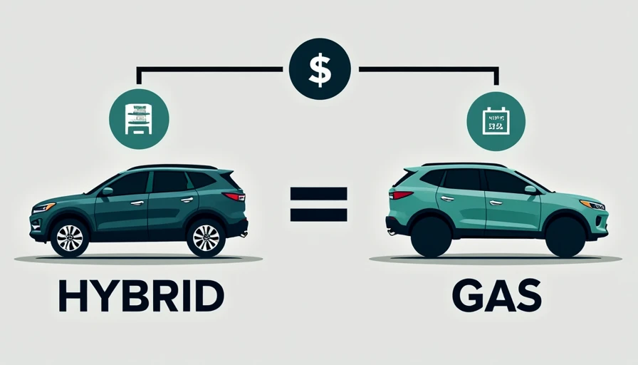 Hybrid SUV break-even calculation formula infographic showing price premium comparison between hybrid and gas models with fuel pump and calendar icons illustrating annual savings and payback period in years for family vehicle buyers