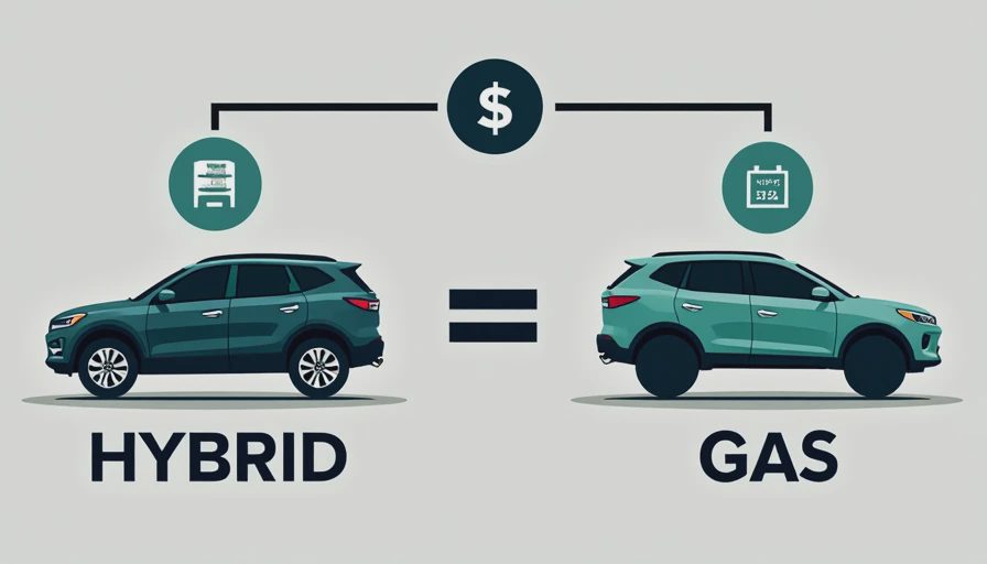 How to calculate hybrid SUV break-even point — DriveByNumbers Hybrid SUV break-even calculation formula infographic showing price premium comparison between hybrid and gas models with fuel pump and calendar icons illustrating annual savings and payback period in years for family vehicle buyers