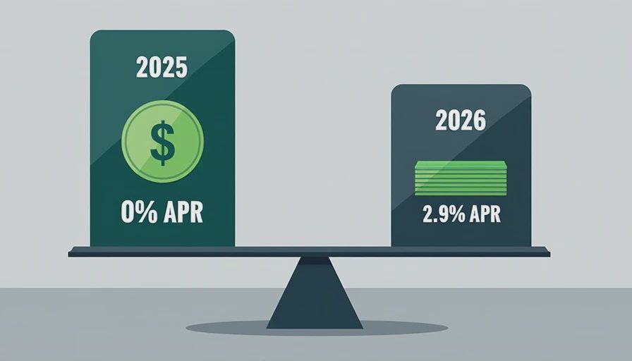 2025 vs 2026 Ford SUV financing cost comparison — DriveByNumbers Side-by-side cost comparison infographic showing 2025 Ford SUV with zero percent APR financing and cash rebates versus 2026 Ford SUV with modest low APR offer illustrating total savings difference favoring outgoing model year for family buyers