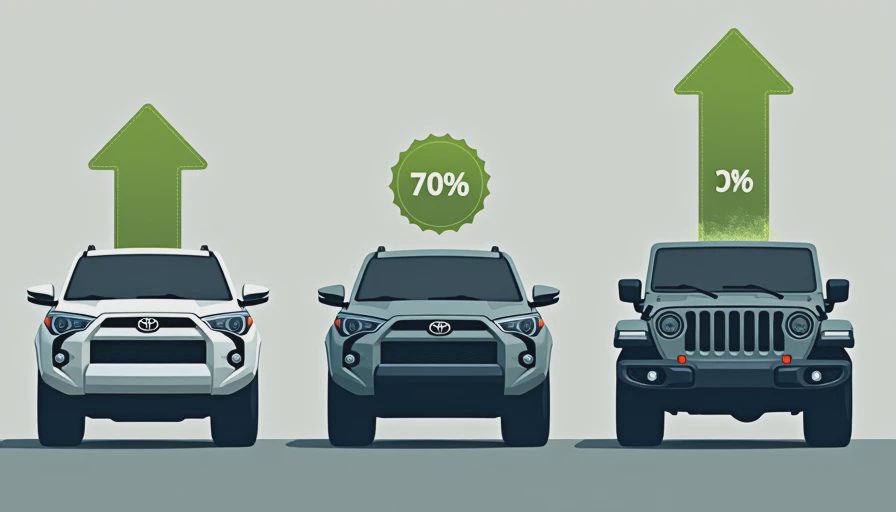Best midsize SUVs for resale value after 3 years — DriveByNumbers Top three midsize SUVs for resale value including Toyota 4Runner Toyota Grand Highlander and Jeep Wrangler with retained value percentage badges showing segment-leading depreciation performance after three to five years